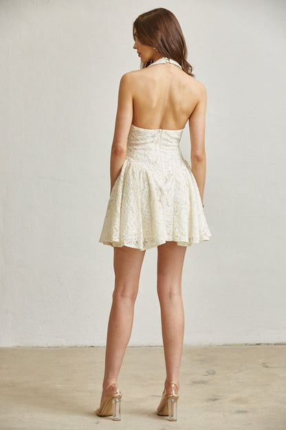 White Amphitryon Liza Pearl Lace Dress for women, featuring elegant pearl embellishments and delicate lace fabric.