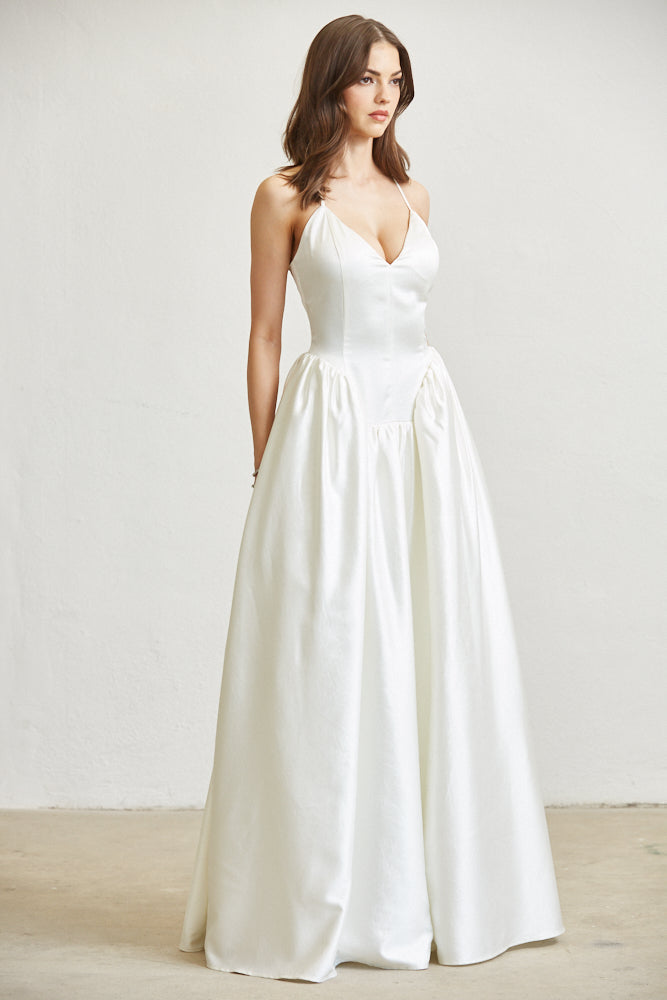 White Amphitryon Luna Bridal Maxi Dress for women, elegant white gown with flowing fabric and intricate detailing.