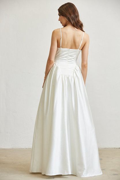 White Amphitryon Luna Bridal Maxi Dress for women, flowing white gown with elegant design, perfect for wedding or special occasions.