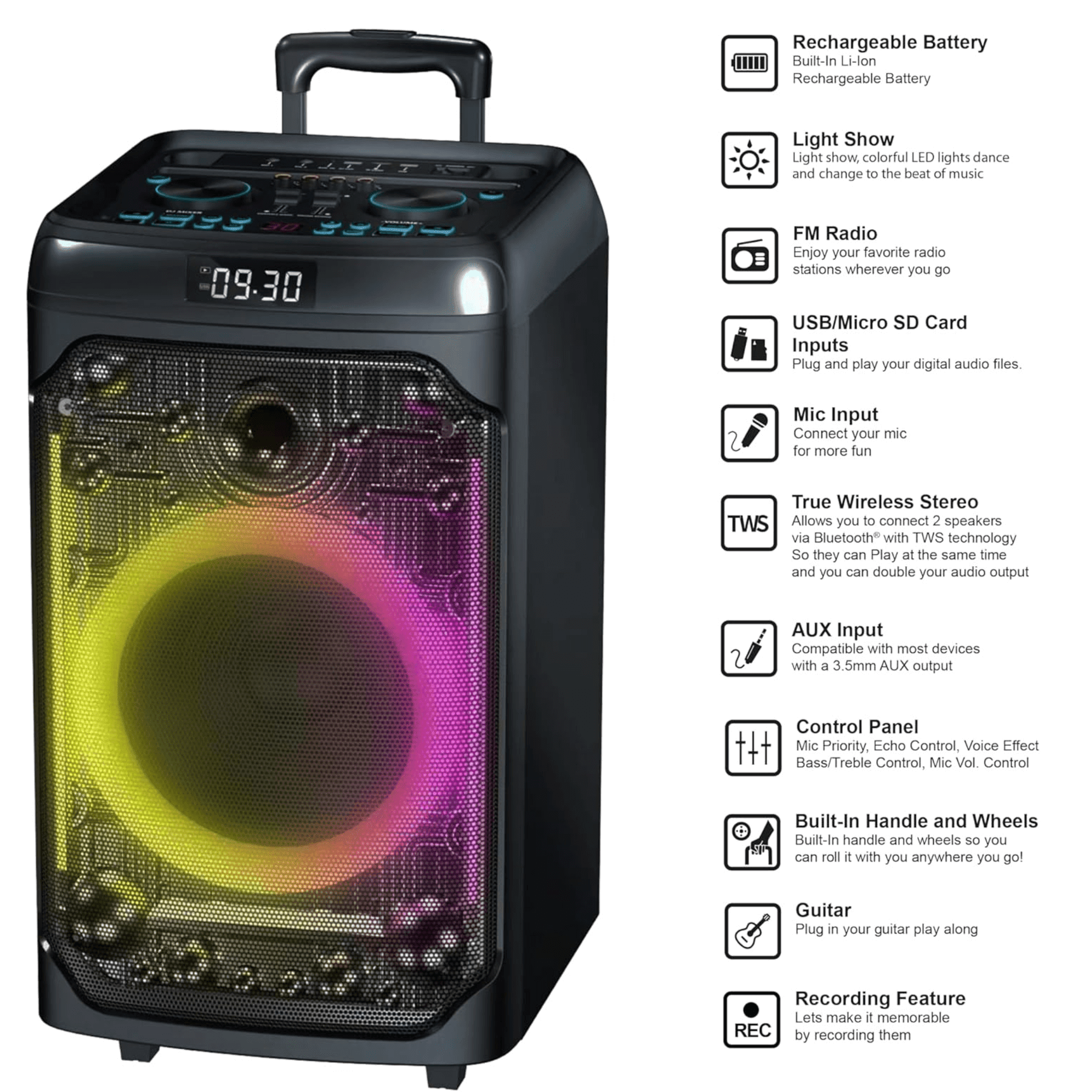 Pear Daisy IQ Sound CYBER FLEX12 12-inch portable Bluetooth party speaker with sleek design and built-in controls.