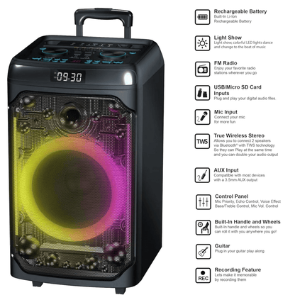 Pear Daisy IQ Sound CYBER FLEX12 12-inch portable Bluetooth party speaker with sleek design and built-in controls.