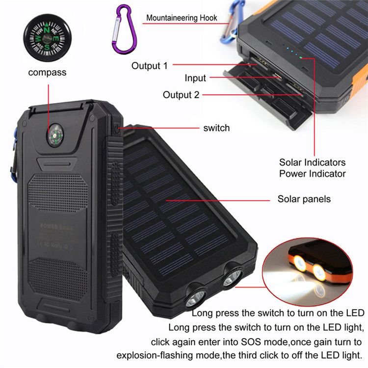 Pear Daisy 10000mAh portable power bank with dual USB ports and solar charging capability, suitable for home and outdoor use.