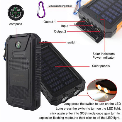 Pear Daisy 10000mAh portable power bank with dual USB ports and solar charging capability, suitable for home and outdoor use.