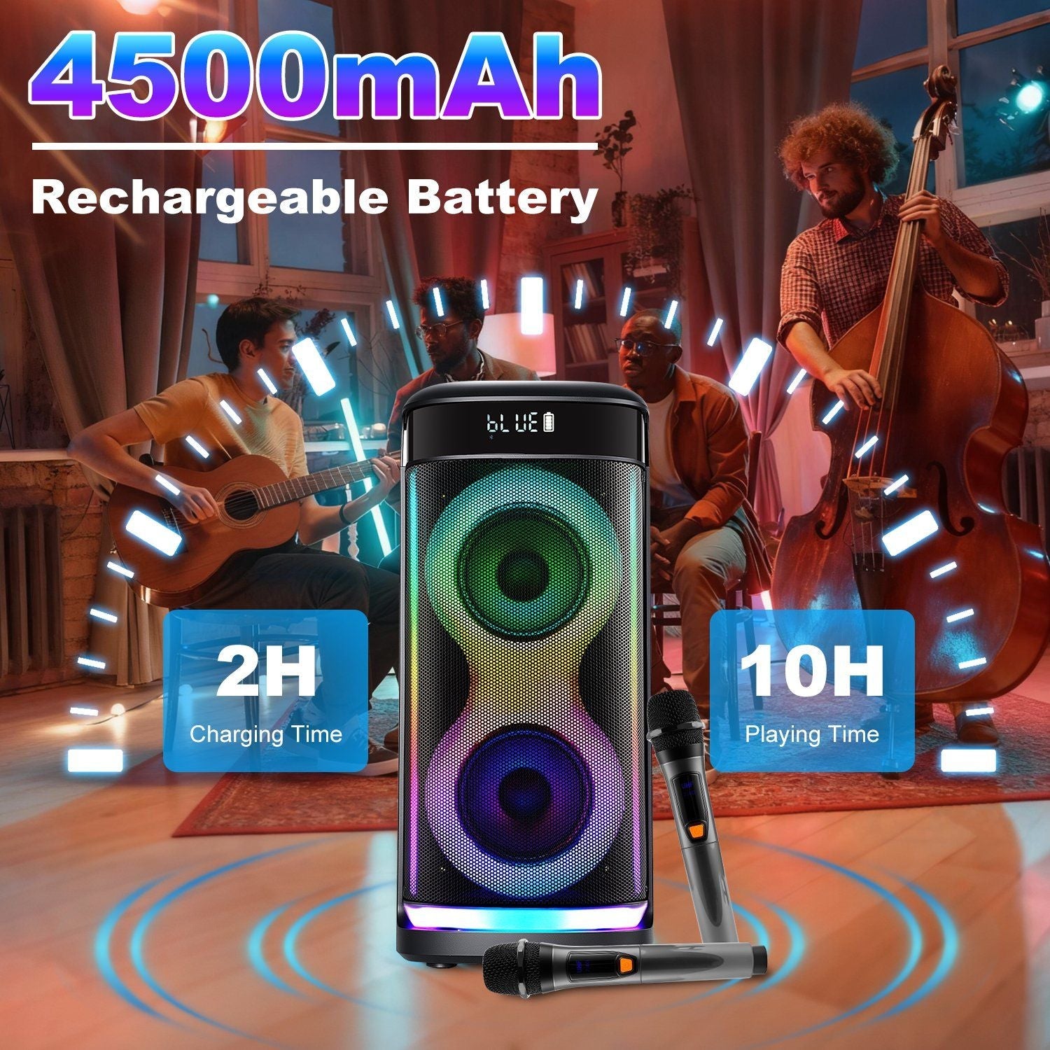 Pear Daisy portable wireless party speaker with LED light, wireless microphone, and remote control for home and garden events.