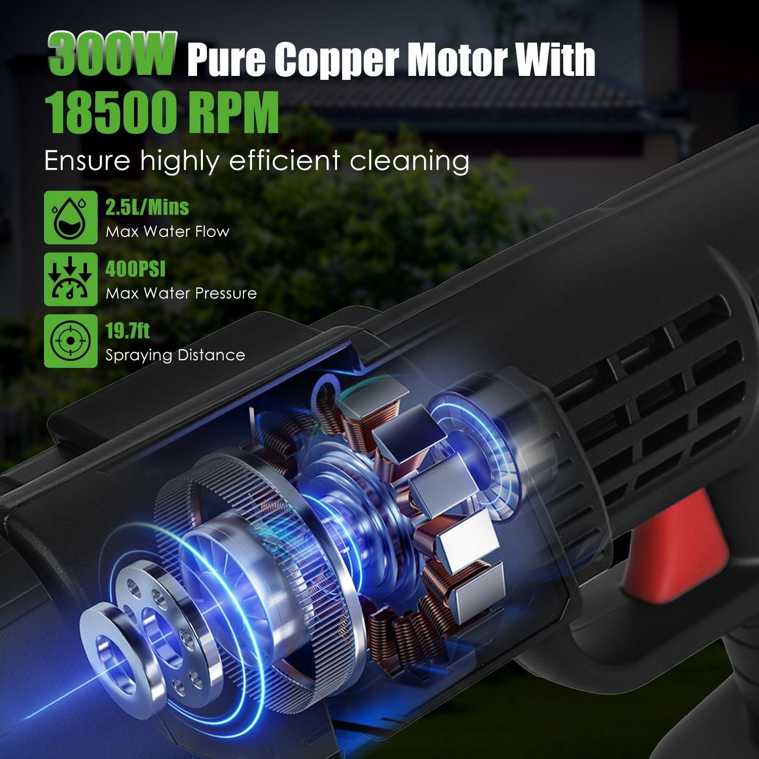 Pear Daisy cordless pressure washer with 400 PSI and 300W, portable for home and garden cleaning tasks.