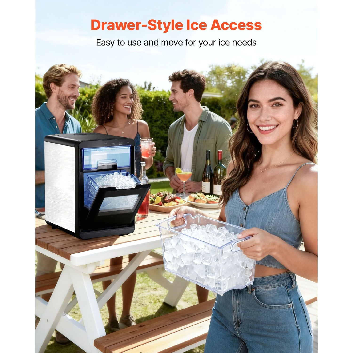 Pear Daisy countertop ice maker producing clear ice cubes, showing the compact, portable design with control panel and ice storage bin.