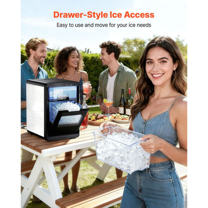 Pear Daisy countertop ice maker producing clear ice cubes, showing the compact, portable design with control panel and ice storage bin.