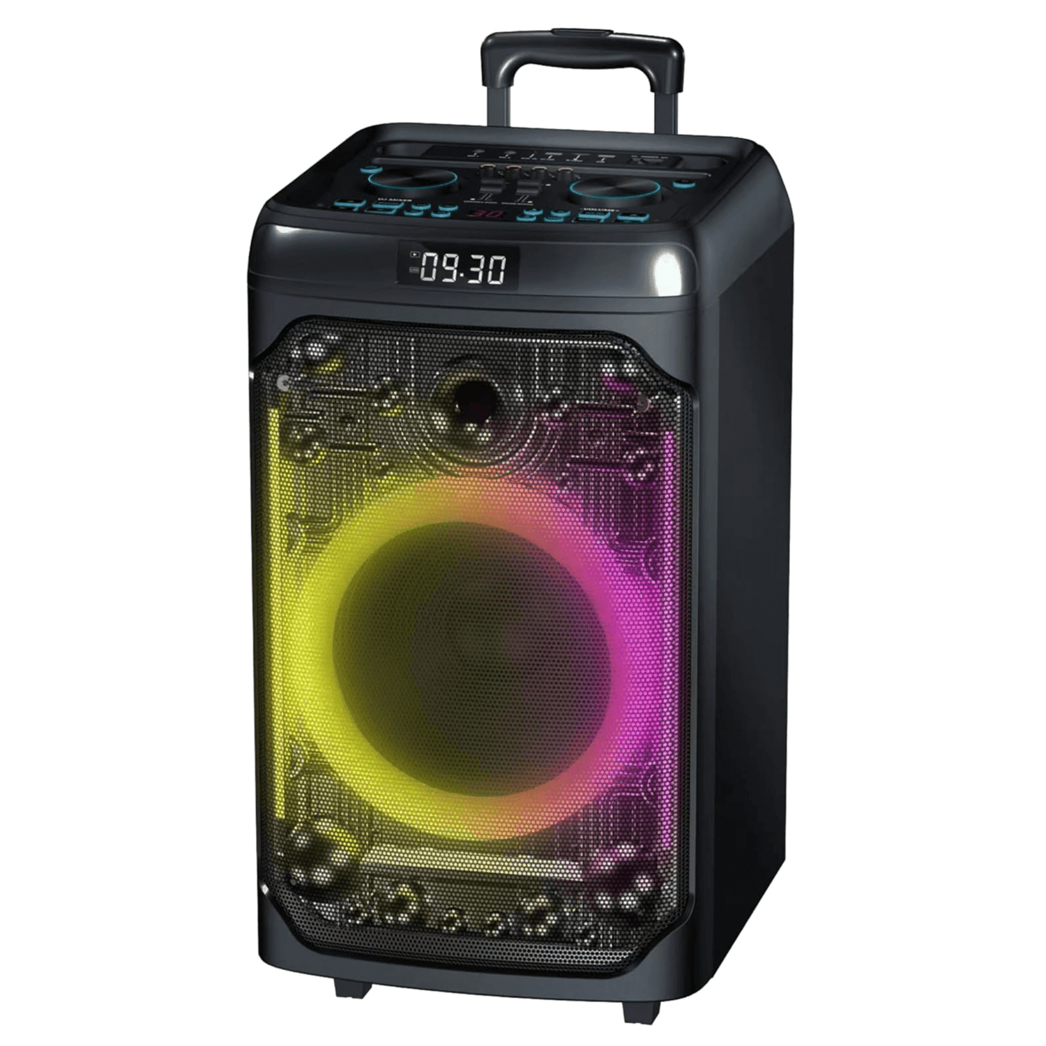 Pear Daisy IQ Sound CYBER FLEX12 12-inch portable Bluetooth party speaker with colorful LED lights and control buttons.