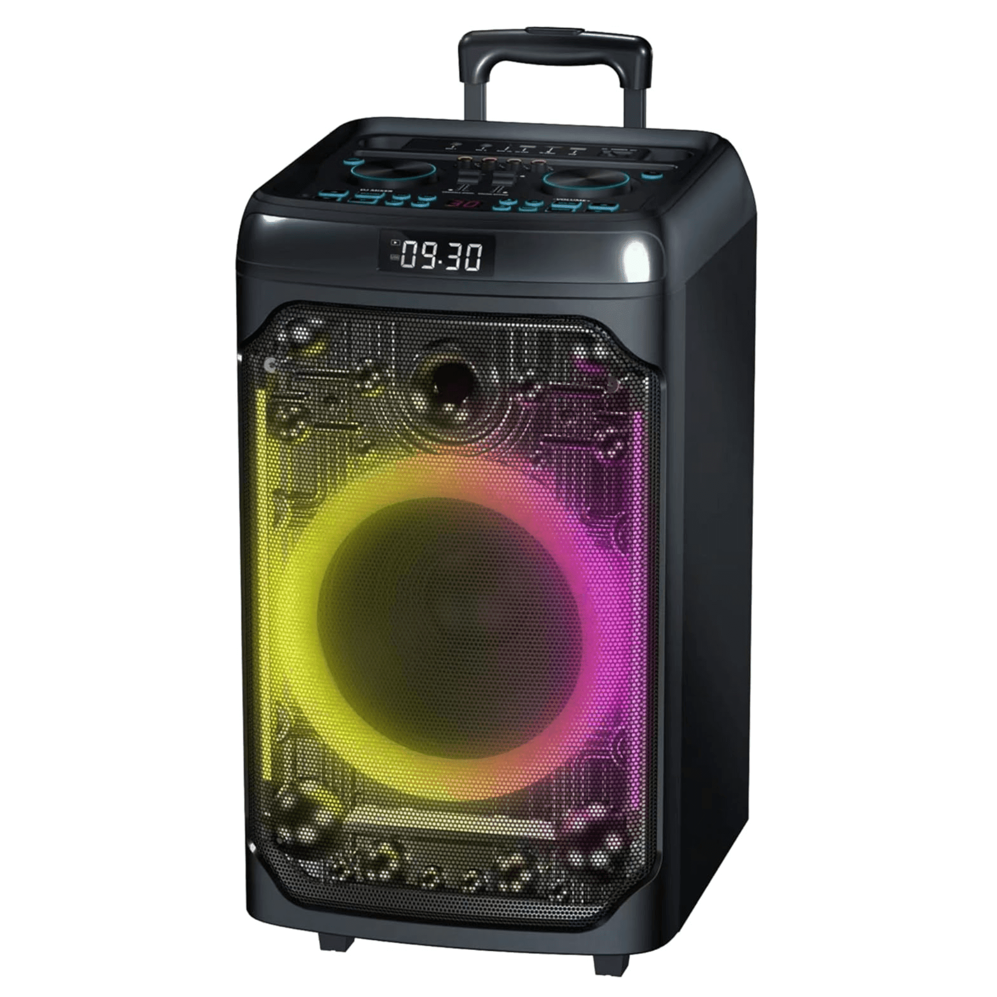 Pear Daisy IQ Sound CYBER FLEX12 12-inch portable Bluetooth party speaker with colorful LED lights and control buttons.