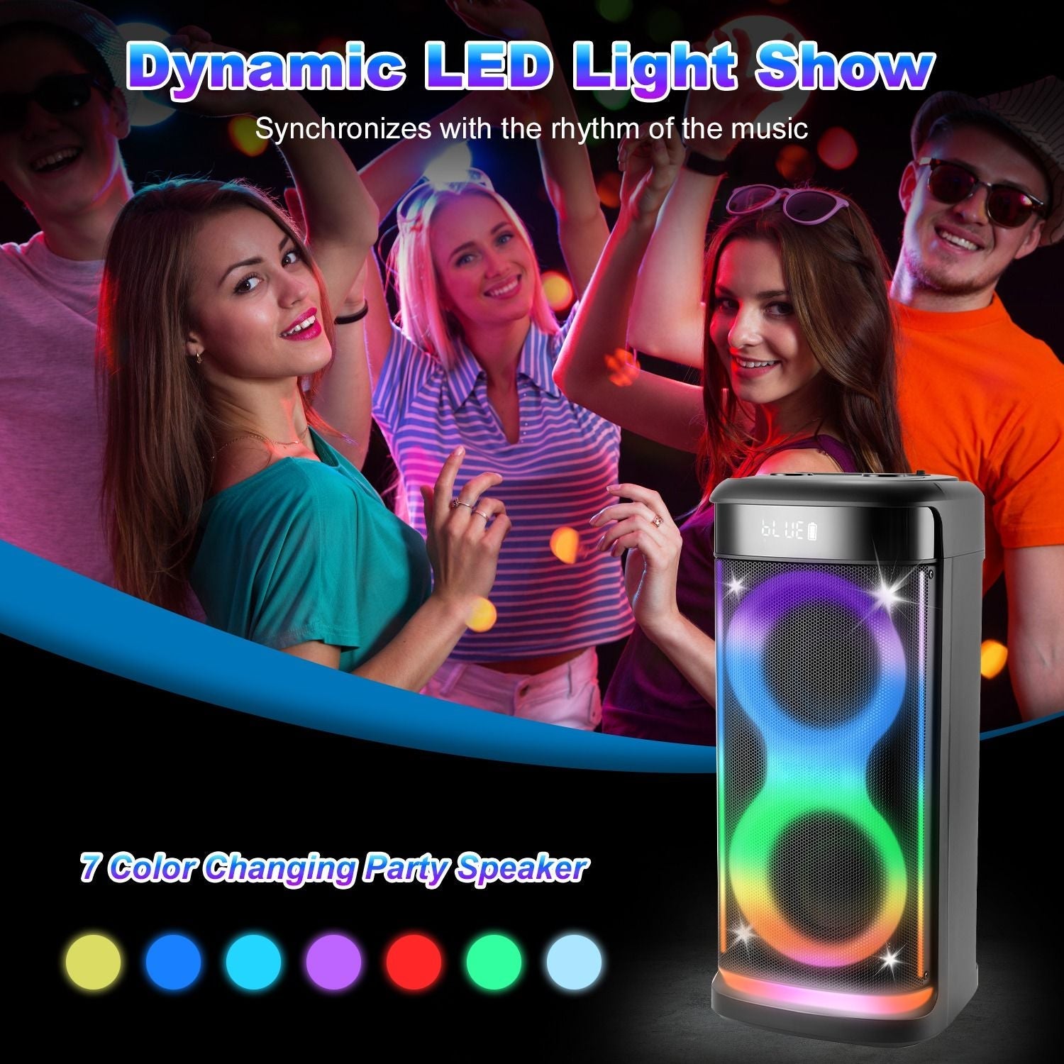 Portable Pear Daisy wireless party speaker with LED lights, built-in microphone, and remote control for home and outdoor events.