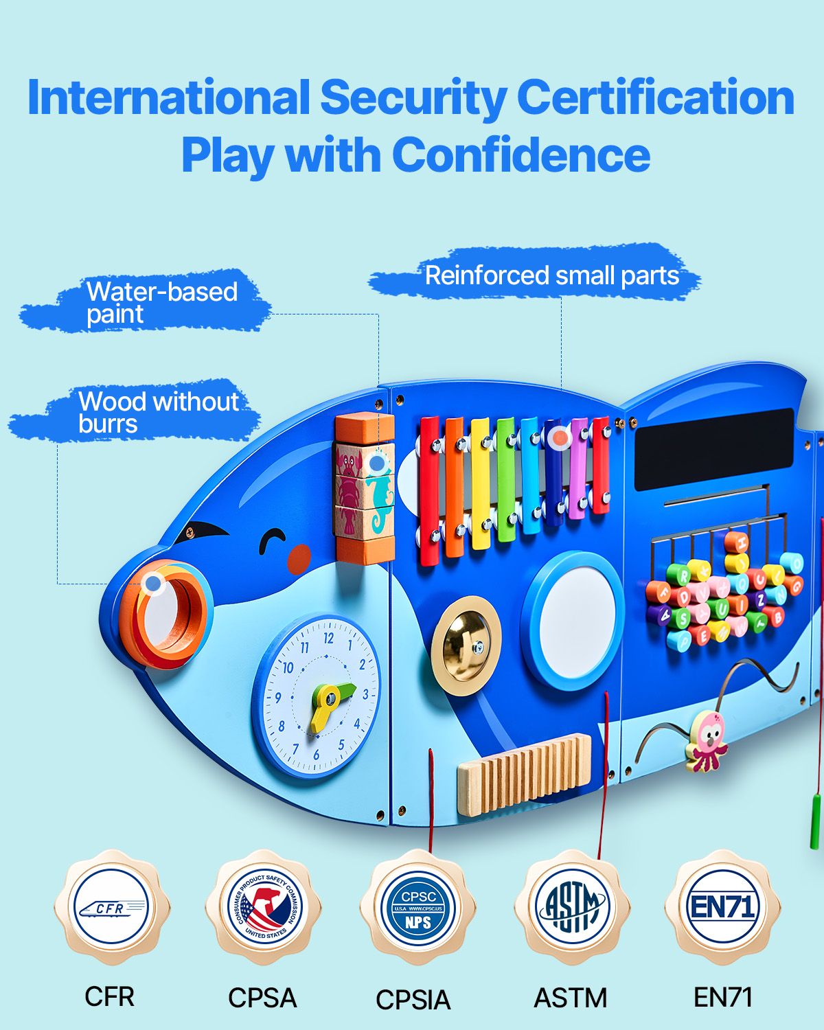 Orca Activity Wall Busy Board Panels by Pear Daisy with 12 Montessori activities for home and garden play and learning.