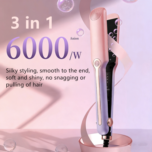 Pear Daisy professional steam ceramic tourmaline ionic flat iron for straightening hair, with a sleek black and silver design.
