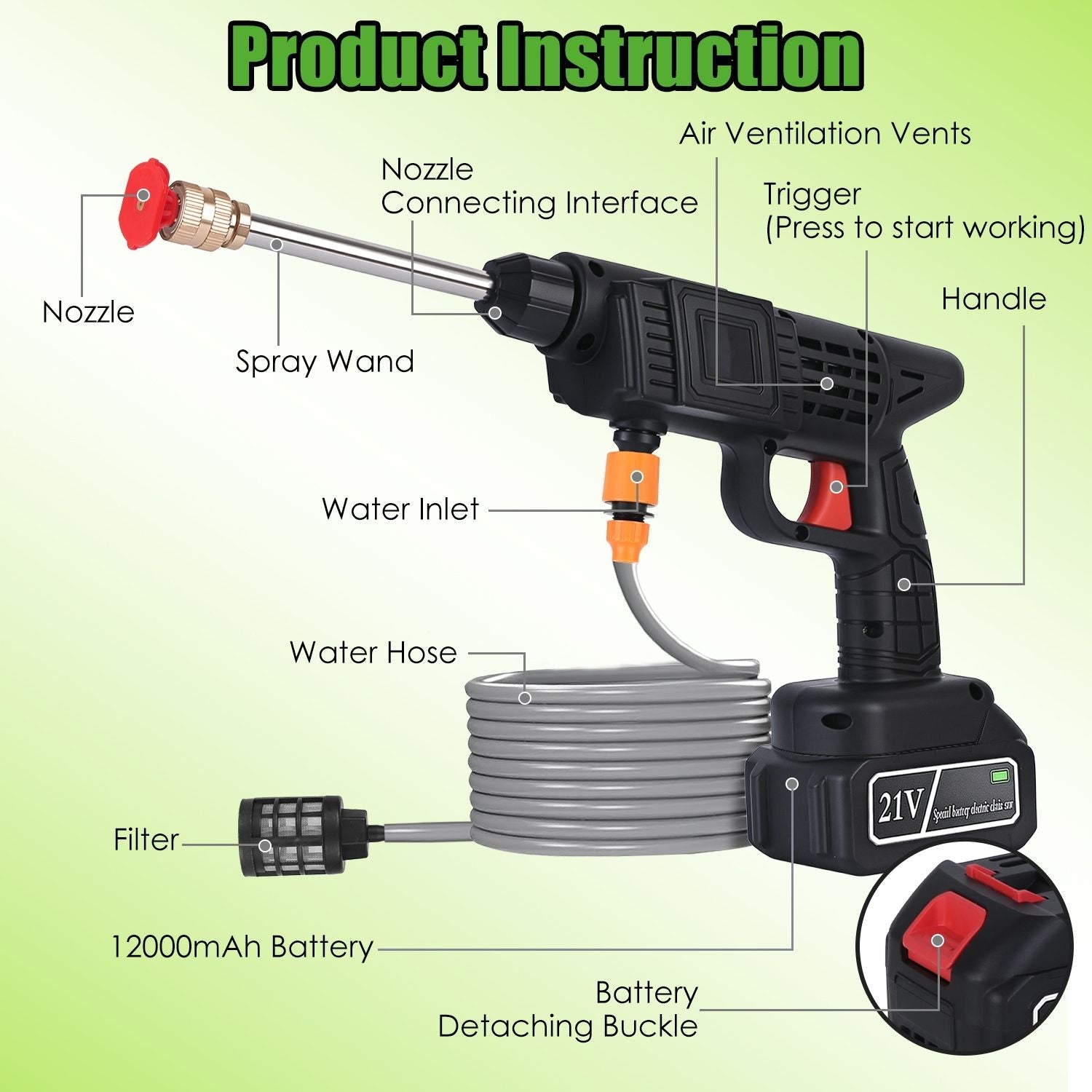 Pear Daisy cordless pressure washer with 400 PSI and 300W motor, portable home and garden cleaning tool with spray nozzle