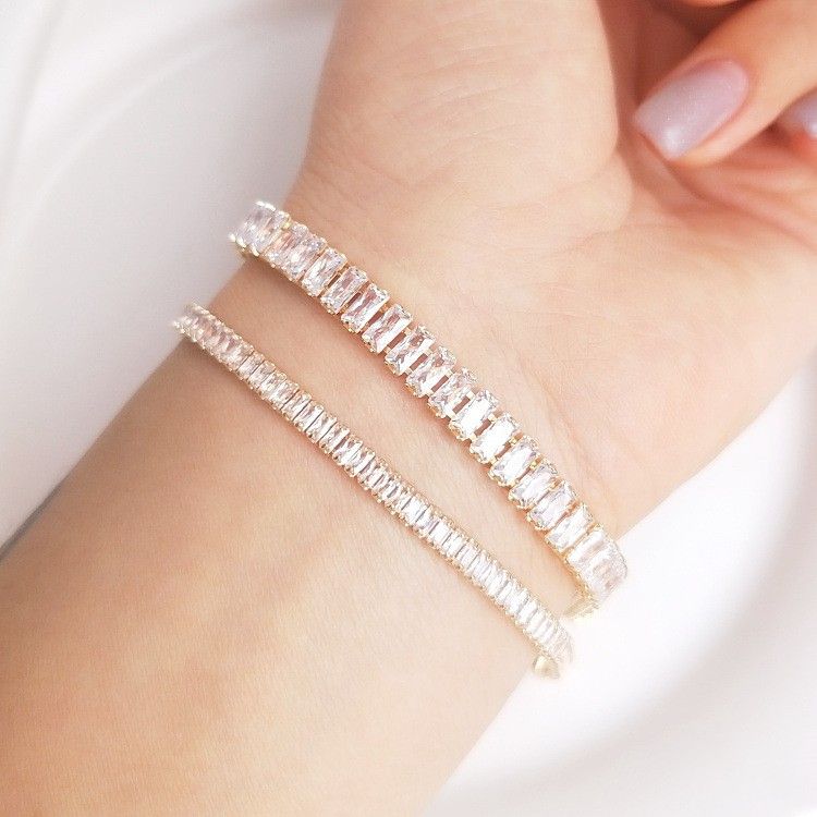 Carmine Medusa 14K gold clad rectangular T-square jewelry with zirconia stones, color-preserving finish, elegant design.