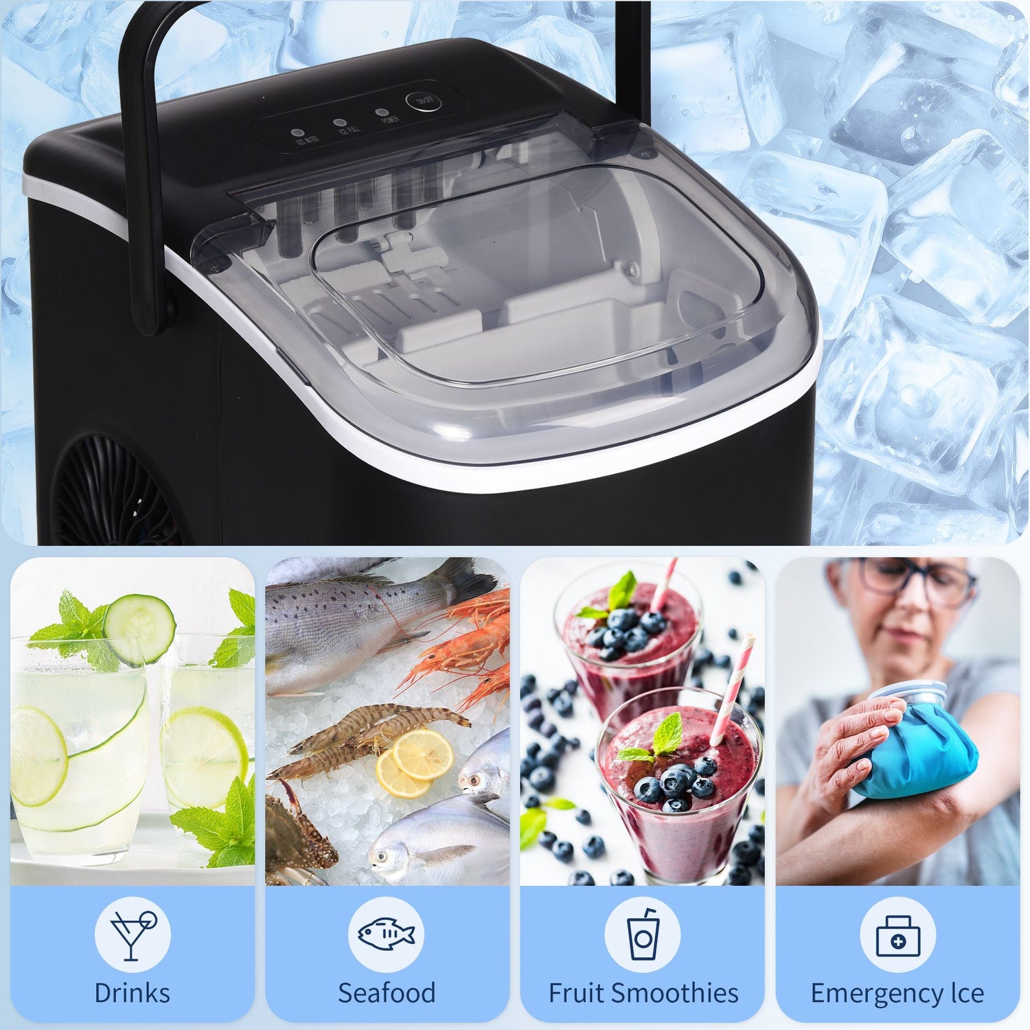 Pear Daisy portable countertop ice maker with handle, self-cleaning design, compact home and garden appliance for fresh ice.