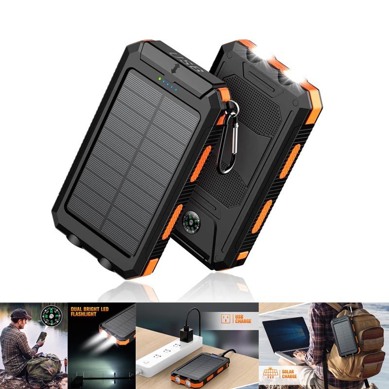 Pear Daisy 10000mAh portable power bank with solar charging, dual USB ports, ideal for home and outdoor use.