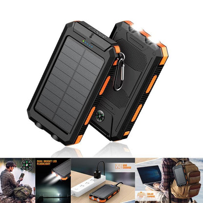 Pear Daisy 10000mAh portable power bank with solar charging, dual USB ports, ideal for home and outdoor use.