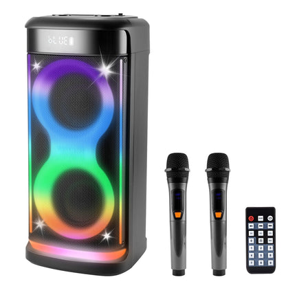 Pear Daisy portable wireless party speaker with LED lights and wireless microphone, shown with remote control in a home setting.