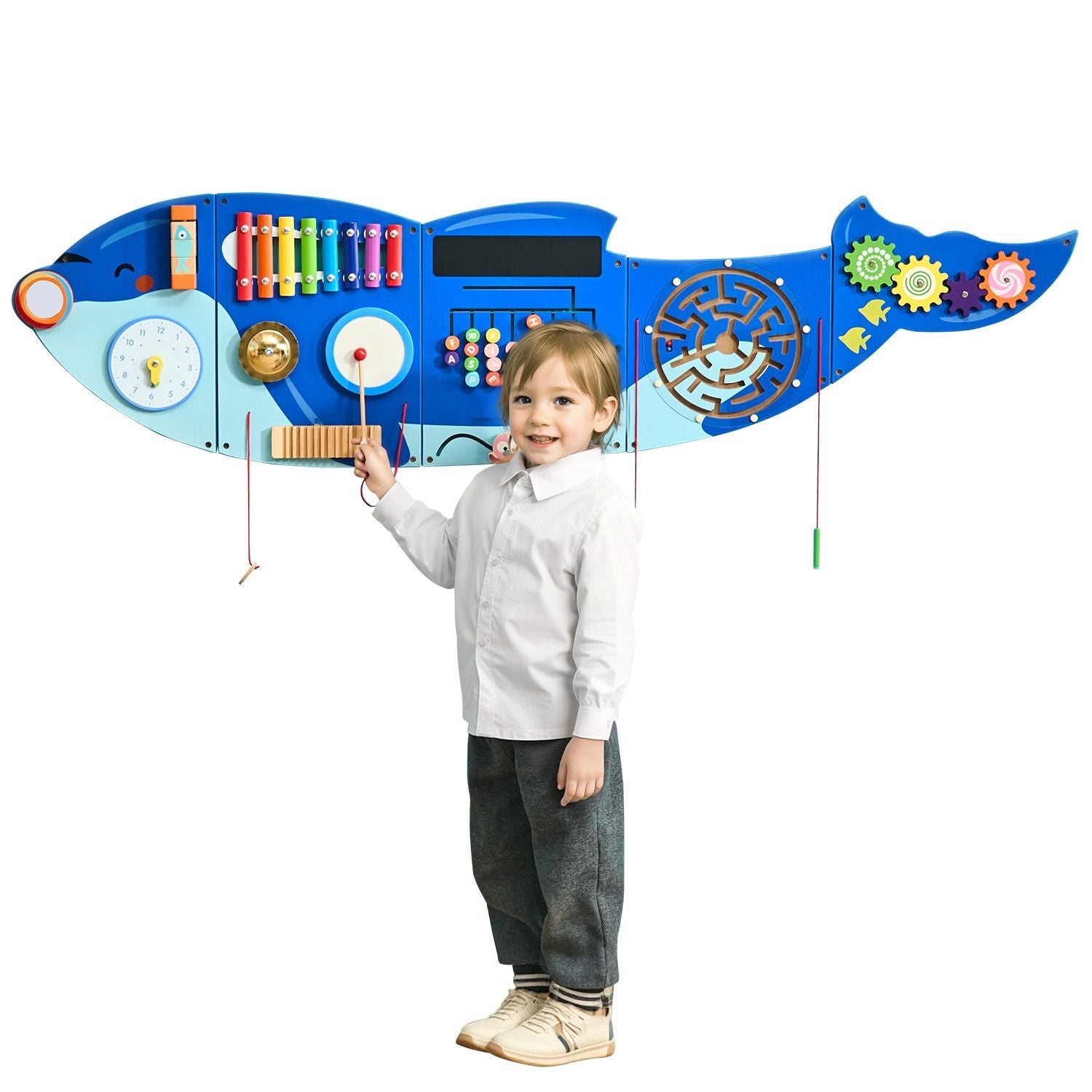Orca Activity Wall Busy Board Panels by Pear Daisy with 12 Montessori activities for home and garden play and learning.