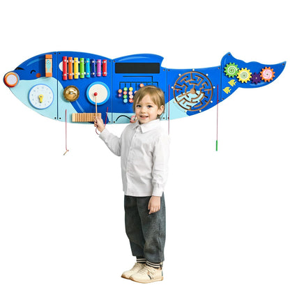 Orca Activity Wall Busy Board Panels by Pear Daisy with 12 Montessori activities for home and garden play and learning.