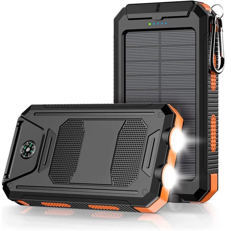 Pear Daisy 10000mAh portable power bank with solar charging, two USB ports, compact design for home and outdoor use