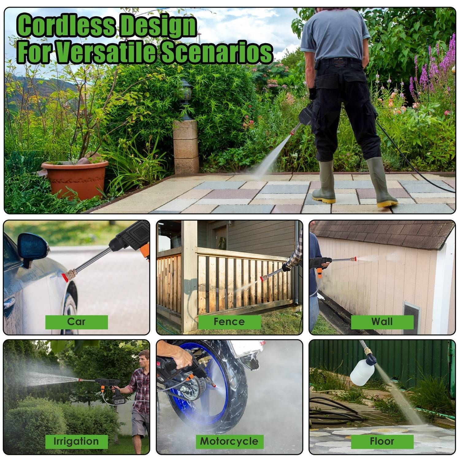 Portable Pear Daisy cordless pressure washer with 400 PSI and 300W motor for home and garden cleaning tasks.