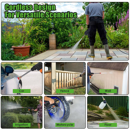 Portable Pear Daisy cordless pressure washer with 400 PSI and 300W motor for home and garden cleaning tasks.
