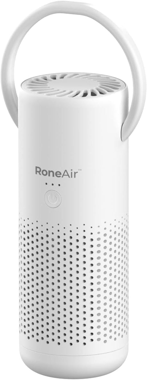 Pear Daisy cordless car air purifier shown on a car dashboard, compact portable design with air vents and digital control panel.