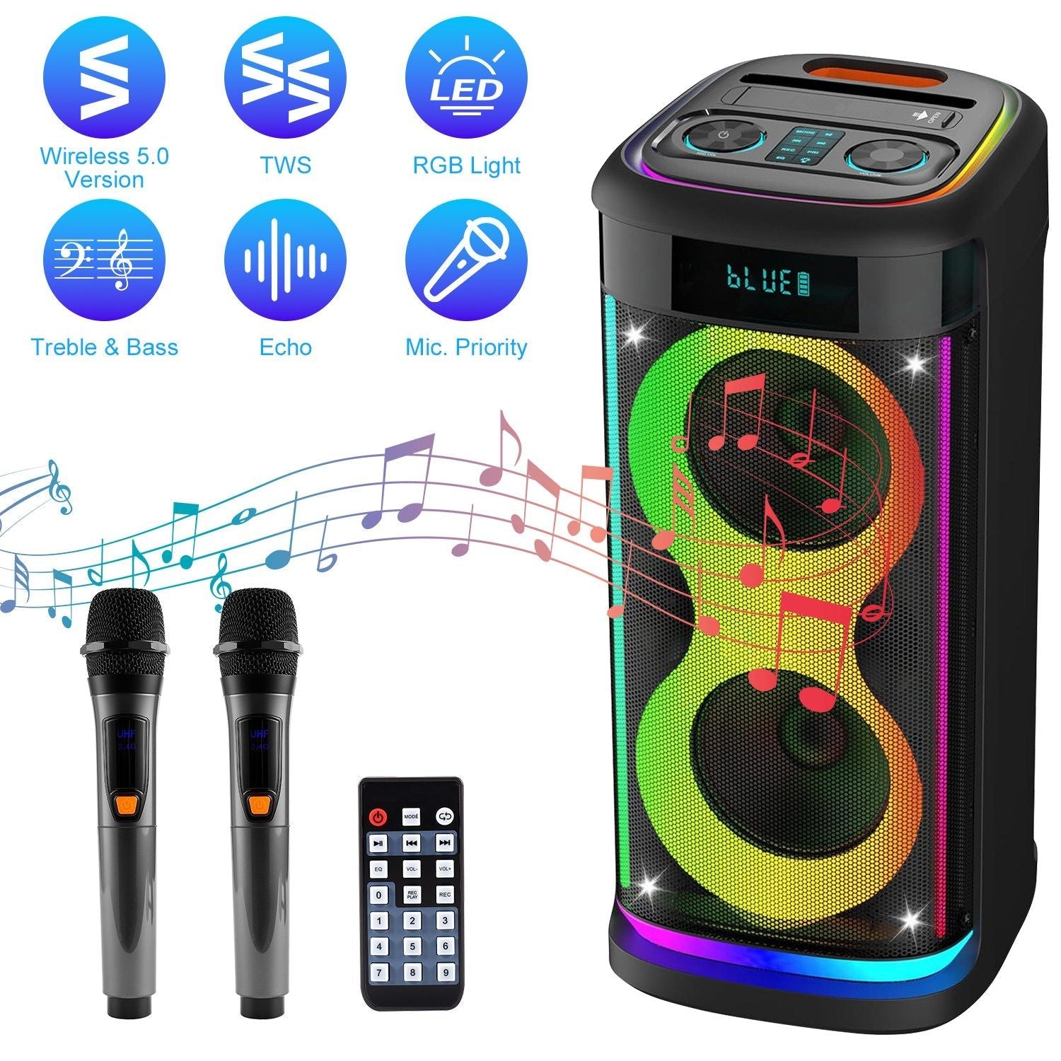 Pear Daisy portable wireless party speaker with LED lights and wireless microphone, ideal for home and outdoor entertainment.
