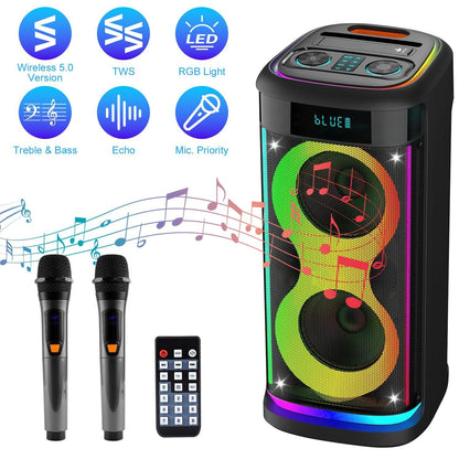 Pear Daisy portable wireless party speaker with LED lights and wireless microphone, ideal for home and outdoor entertainment.
