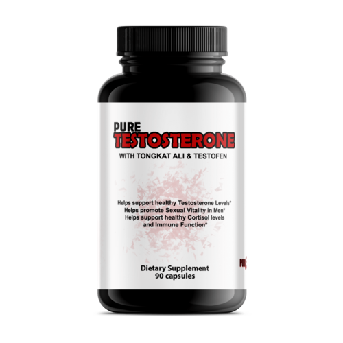 Pear Daisy Pure Testosterone supplement bottle for home and garden use, with a white label and blue cap.