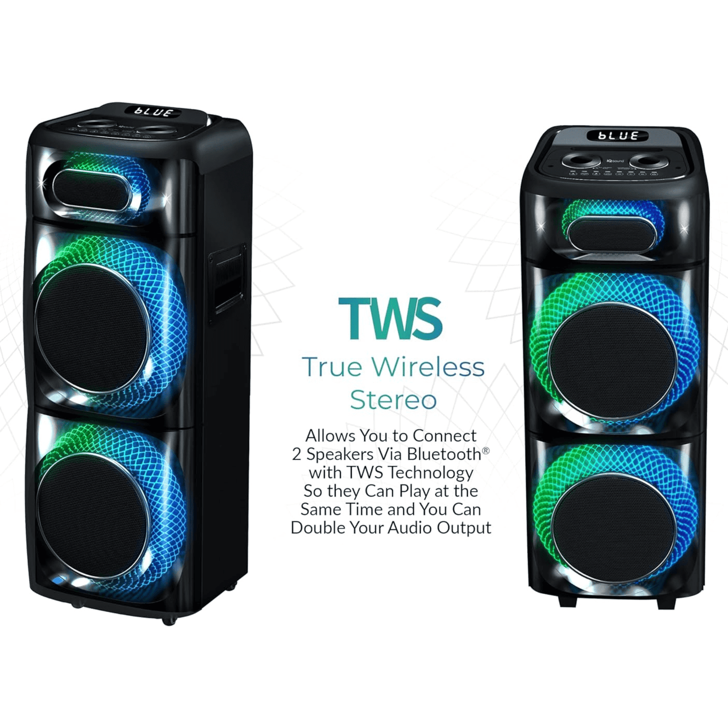 Pear Daisy IQ Sound TorusFLEX portable Bluetooth DJ speaker with two 10-inch woofers, designed for home and outdoor audio enjoyment.