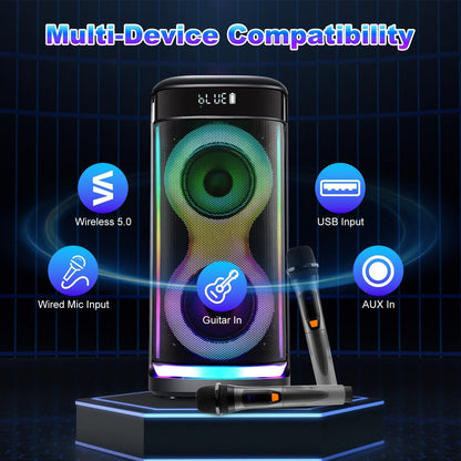 Pear Daisy portable wireless party speaker with LED lights and wireless mic, showcasing its compact design and vibrant lighting features.