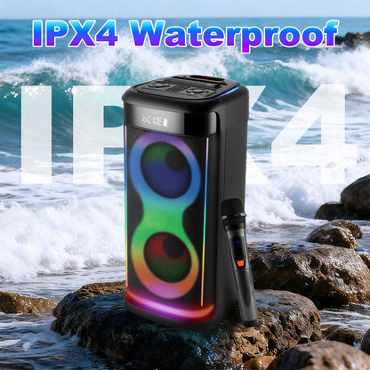 Pear Daisy portable wireless party speaker with LED lights, wireless microphone, and remote control for home and outdoor events.