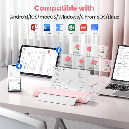Wireless portable printer by Pear Daisy, thermal printing device supporting 8.5" x 11" sheets for travel and home use.