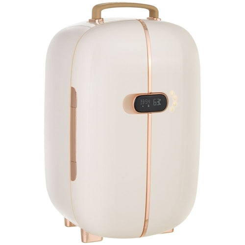 Pear Daisy portable skincare fridge for home and garden, compact and sleek with a clear door showing interior storage for skincare products.