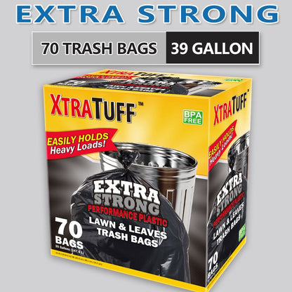 Boxed disposable garbage bags by Pear Daisy, 70 tear-resistant, puncture-proof trash bags for home and garden use.