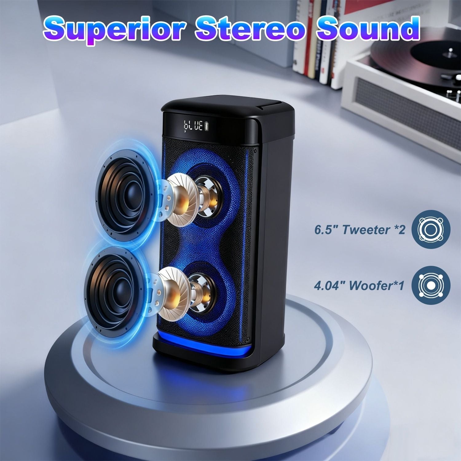 Pear Daisy portable wireless party speaker with LED lights, built-in microphone, and remote control for home and outdoor use