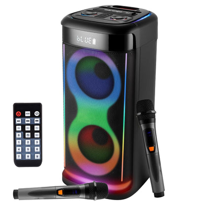 Pear Daisy portable wireless party speaker with LED lights, wireless microphone, and remote control for home and outdoor use