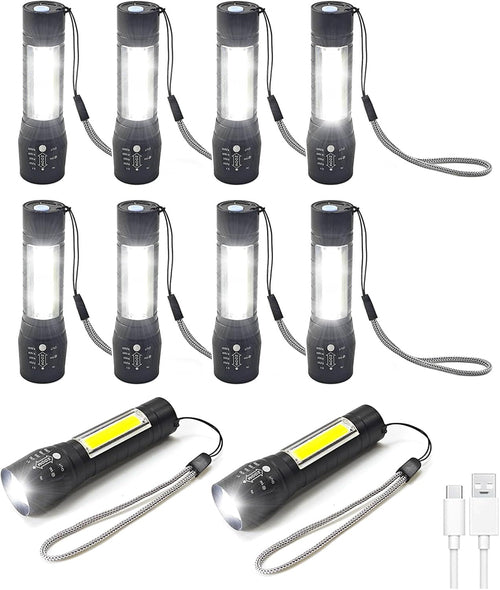 Ten rechargeable LED flashlights by Pear Daisy, compact and bright for camping and home use, shown in a small bundle.