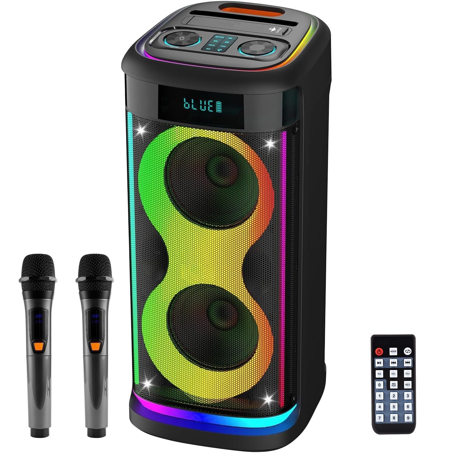 Portable wireless party speaker with LED lights, microphone, and remote control by Pear Daisy, ideal for home and outdoor gatherings.