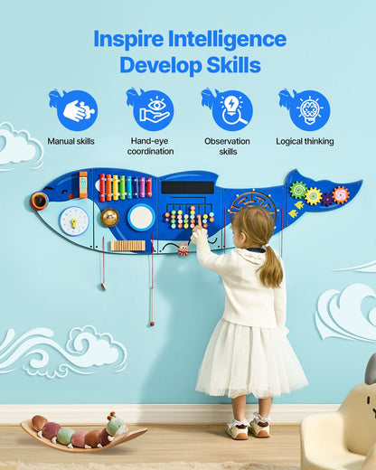 Orca Activity Wall Busy Board Panels by Pear Daisy featuring 12 Montessori activities for home and garden play.