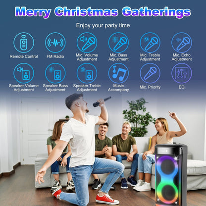 Pear Daisy portable wireless party speaker with LED lights and wireless microphone, ideal for home and outdoor entertainment.