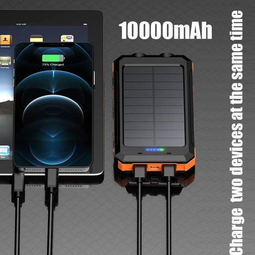 Pear Daisy 10,000mAh portable power bank with dual USB ports, solar charging feature, ideal for home and outdoor use.