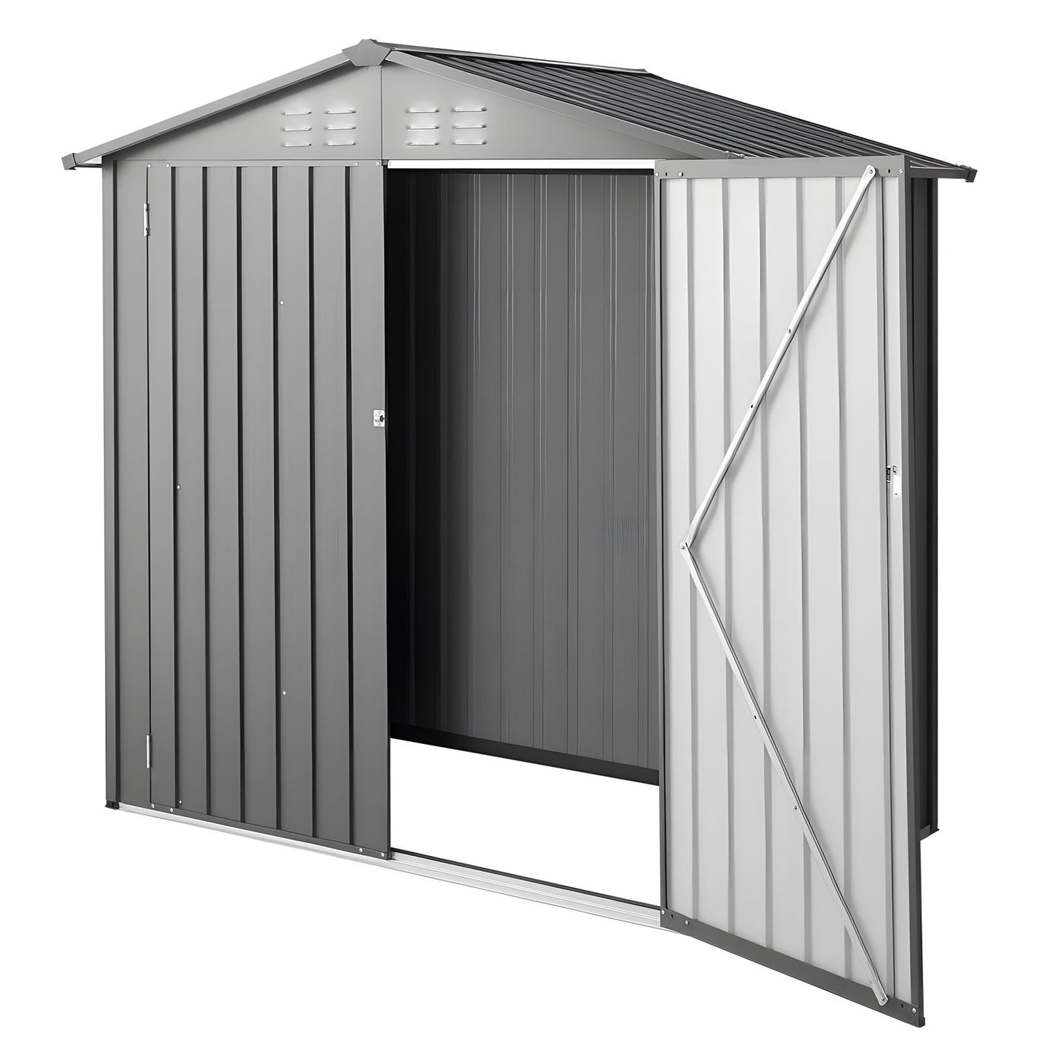 Six 4-foot metal garden shed with lockable doors, outdoor storage solution from Pear Daisy for home and garden use.