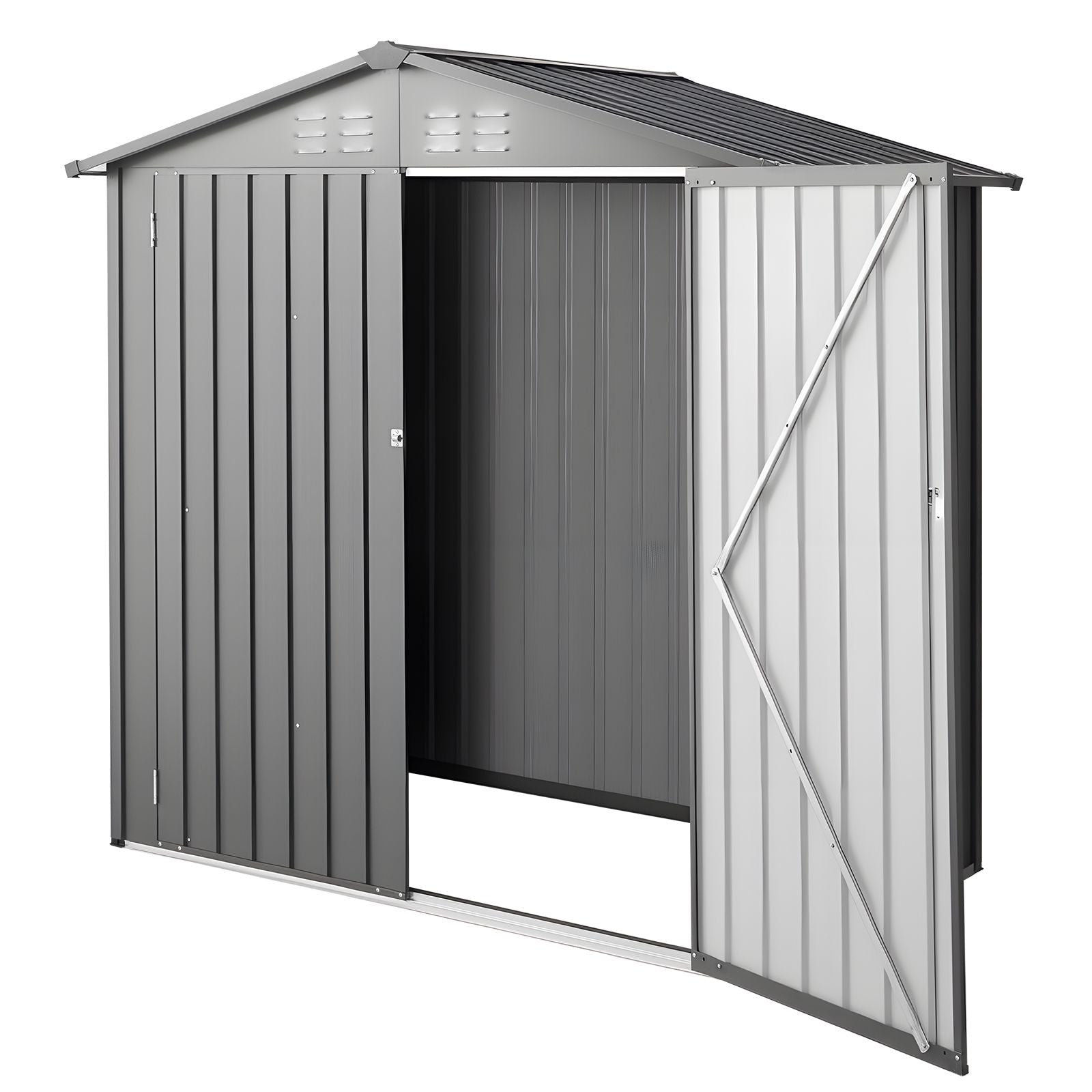 Six 4-foot metal garden shed with lockable doors, outdoor storage solution from Pear Daisy for home and garden use.