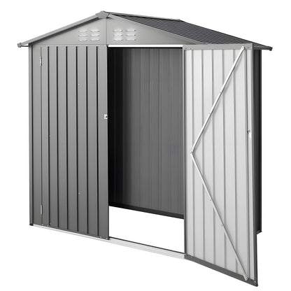 Six 4-foot metal garden shed with lockable doors, outdoor storage solution from Pear Daisy for home and garden use.