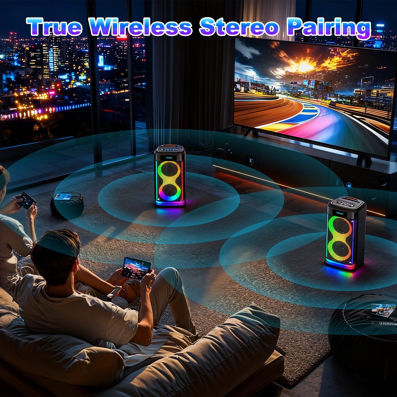 Pear Daisy portable wireless party speaker with LED lights and wireless microphone, ideal for home and garden entertainment.