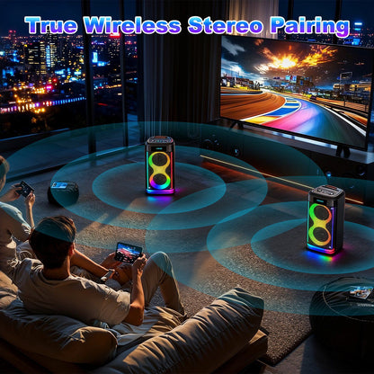 Pear Daisy portable wireless party speaker with LED lights and wireless microphone, ideal for home and garden entertainment.