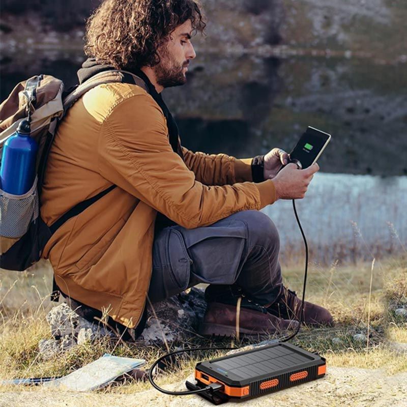 Pear Daisy 10,000mAh portable power bank with fast charging, dual USB ports, and solar panel for outdoor and home use